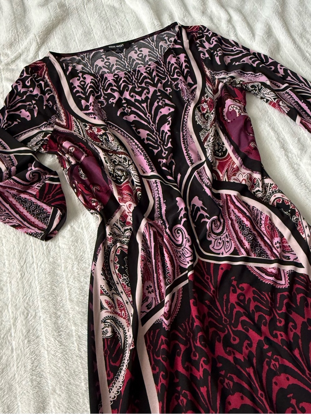 Nine West Long-Sleeve Paisley-Print Dress in Plum and Pink